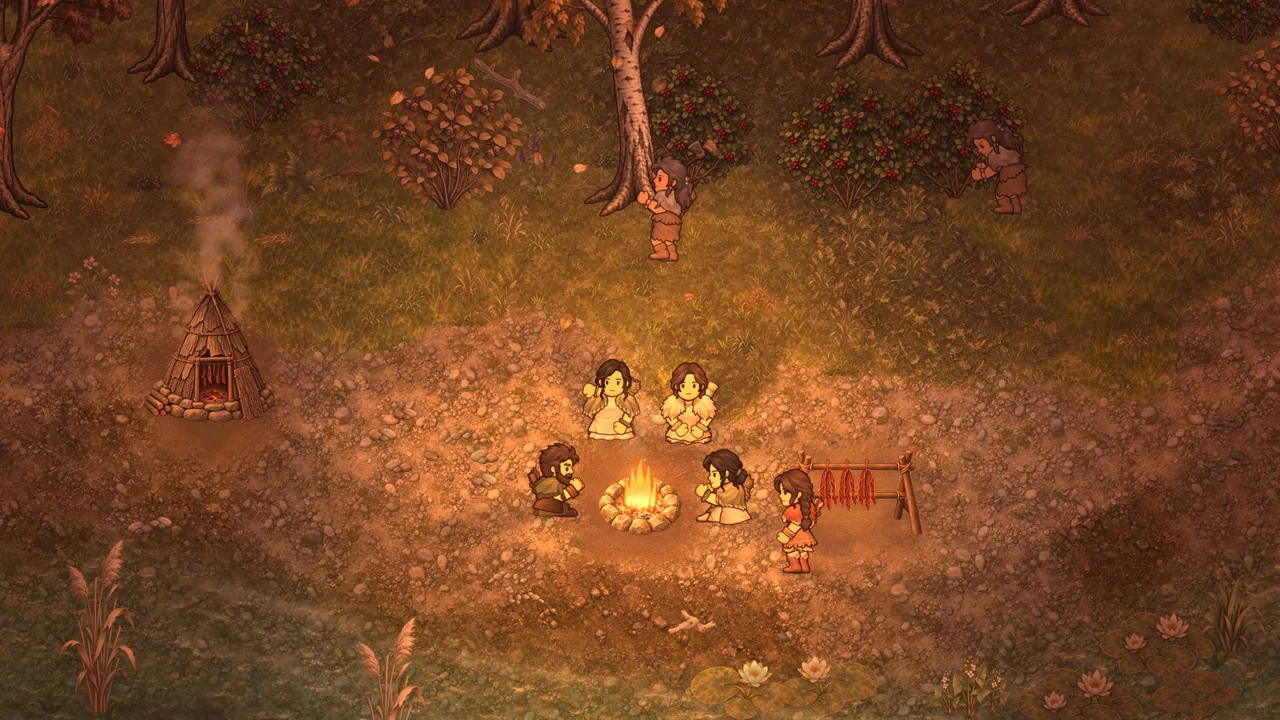 Villagers sitting around the fire at dusk while meat dries and a smoke rack smoulders
